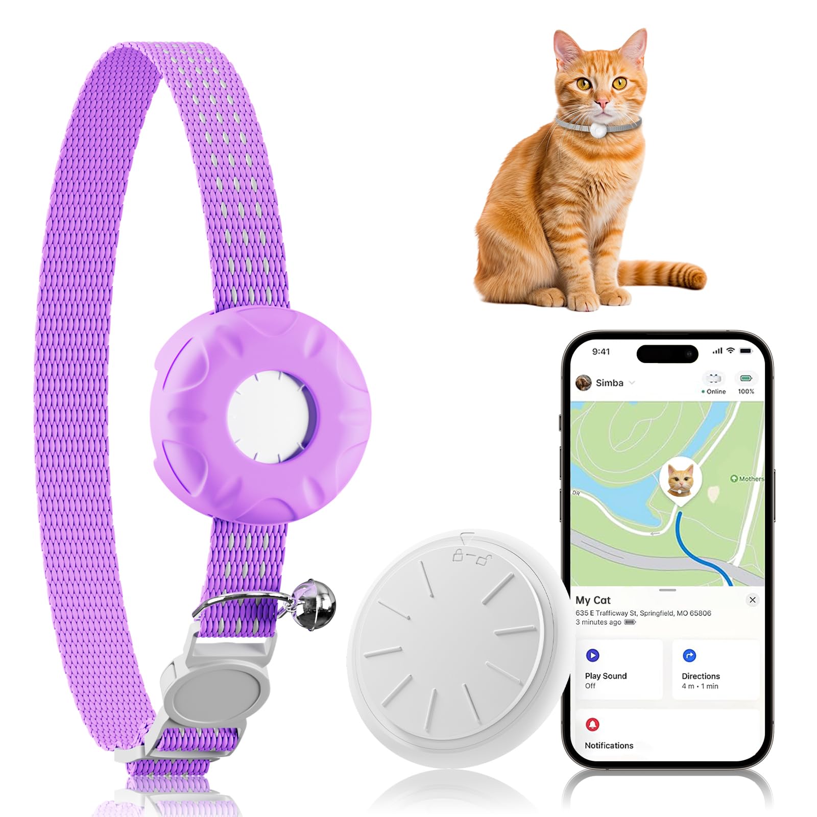 Rastreador de gatos, rastreador GPS sin tarifa mensual, compatible con Apple Find My App (solo iOS), collar impermeable con campana y hebilla elástica de seguridad, ubicación en tiempo real