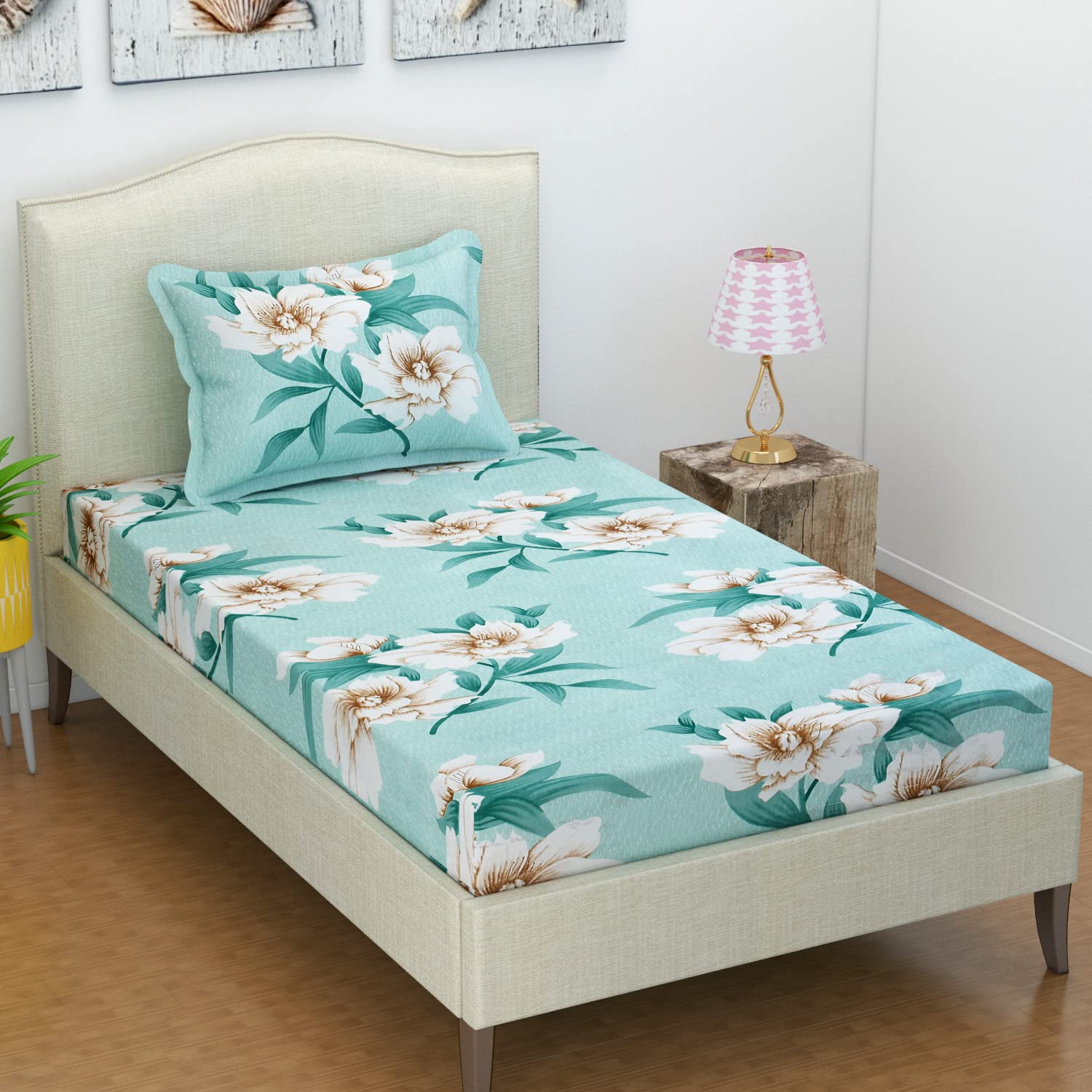 VAS COLLECTIONS Pack of 1 Single Bedsheet with 1 Pillow Covers | 160 TC Soft Brushed Glace Cotton White & Light Green - Long Lasting & Wrinkle Free - | 228X152 cm-image-0