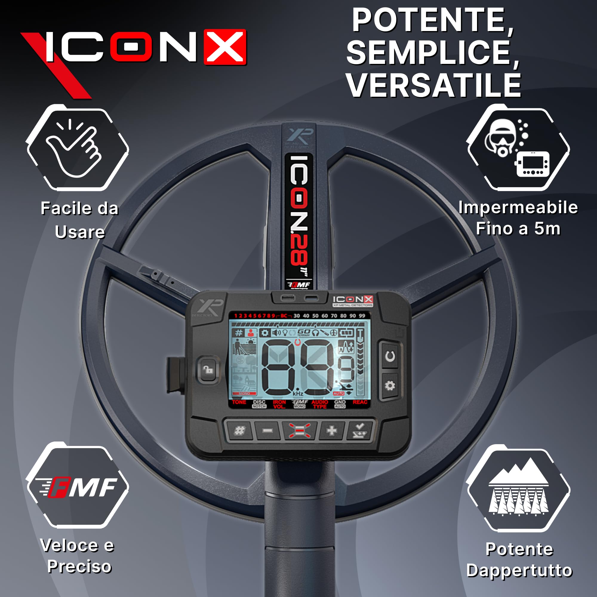 XP Metal Detectors ICONX – Potente, Semplice, Versatile, Metal Detector Senza Fili Multifrequenza, Impermeabile, Piastra FMF 28 cm, Ultra Leggero, Compatibile DEUS II (ICONX-28FMFRC)