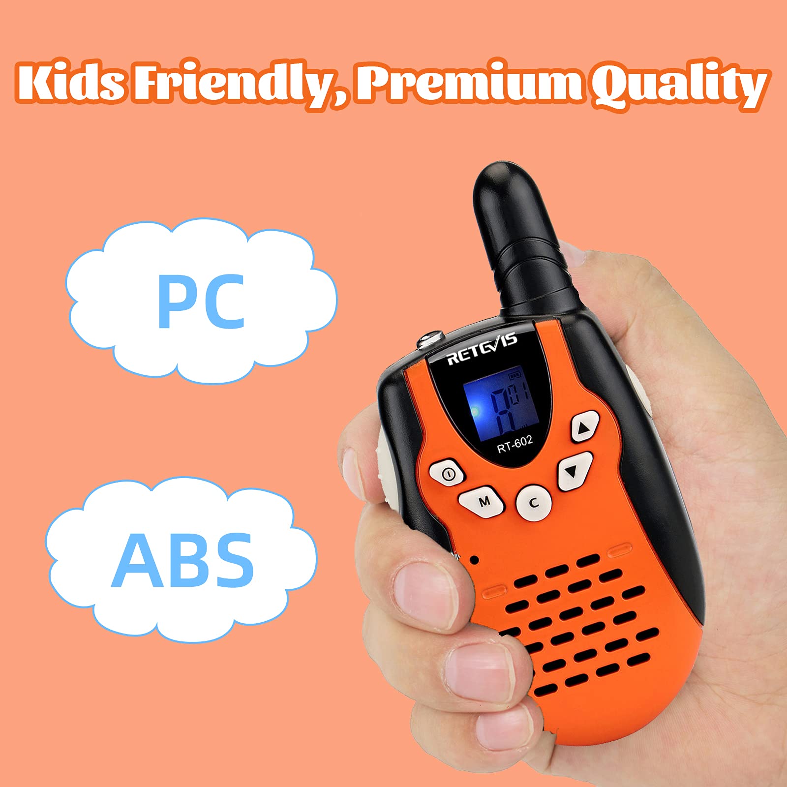 Retevis RT602 Walkie Talkie dzieci, radiotelefon dla dzieci z akumulatorami wielokrotnego ładowania, latarka, wyświetlacz LCD, zabawka Spy-Gear prezent dla dzieci (2 pary, pomarańczowy)