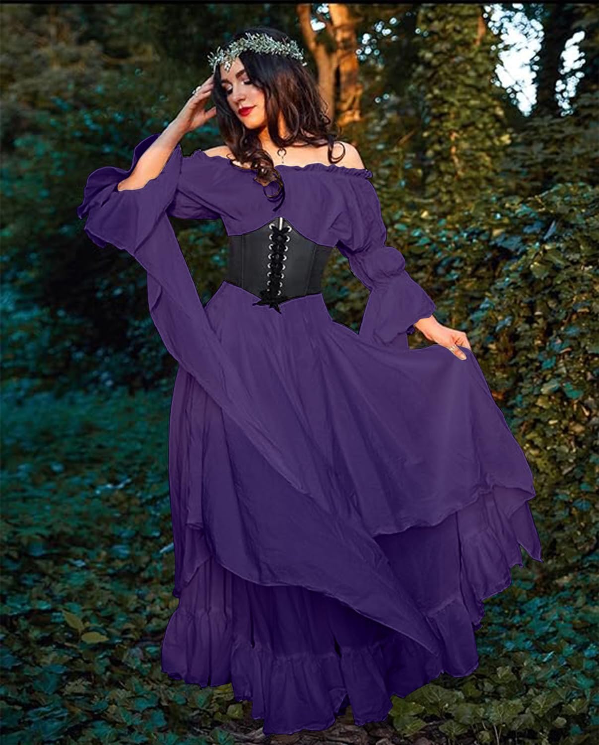 BITSEACOCO Women Medieval Victorian Off Shoulder Dress, Irish Chemise Costume Renaissance Faire Fairy Long Dress - Image 2