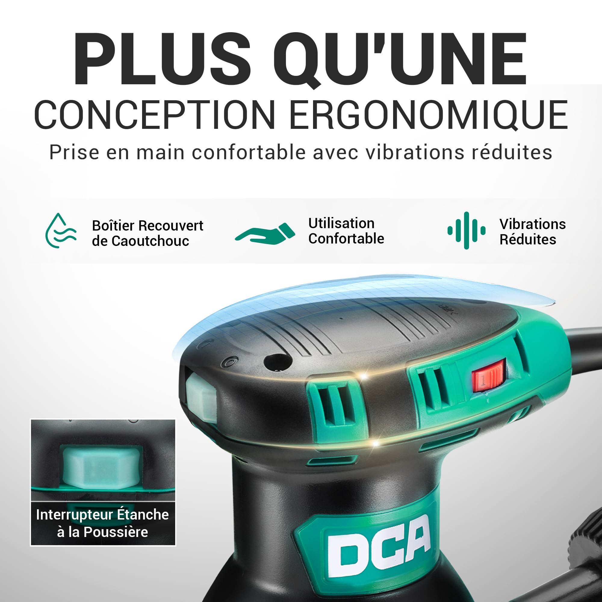 DCA Ponceuse Excentrique 300W, 6 Vitesses 12000RPM Ponceuse Orbitale, avec 0.3L Collecteur de Poussière, 10Pcs 125MM Disque Abrasif pour Surfaces en Bois et Acier, Ponçage et Polissage du Bois, DIY