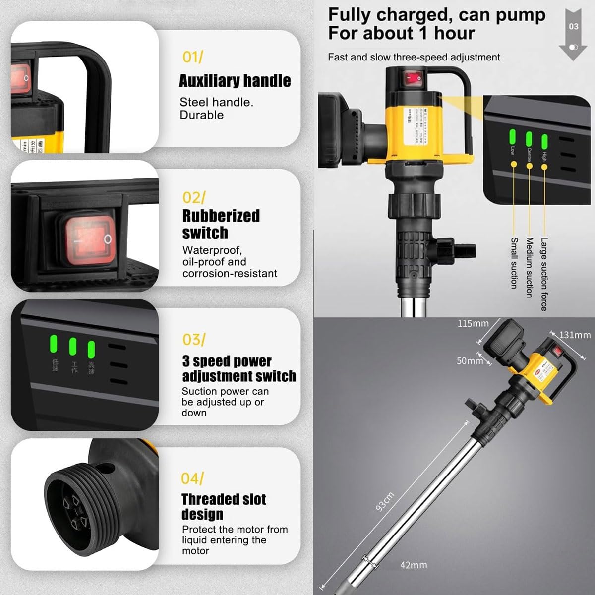 Pompa di trasferimento carburante multiuso, pompa elettrica for barili di petrolio, pompa for fusti di carburante da 1000 W,tubo in acciaio inossidabile da 93cm+tubo flessibile di uscita da 3 m(PVDF-p