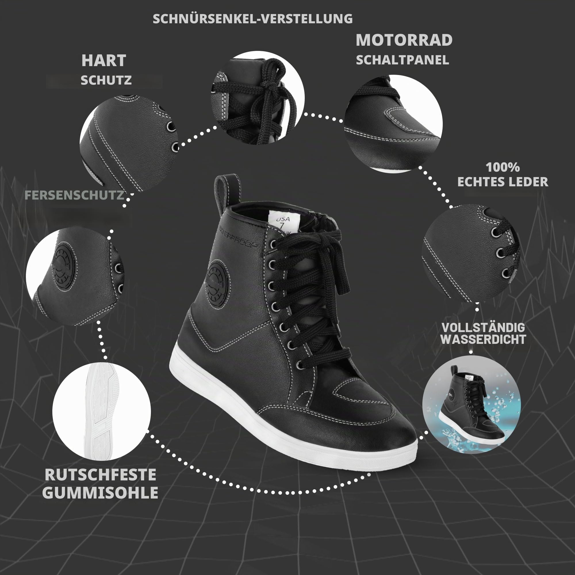 Motorradschuhe für Herren, kurz, wasserdicht, Leder, rutschfeste Sohle