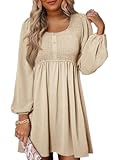 Womens 2025 Casual Dresses Smocked Crewneck Button Up Long Sleeve Empire Waist A-Line Mini Dress