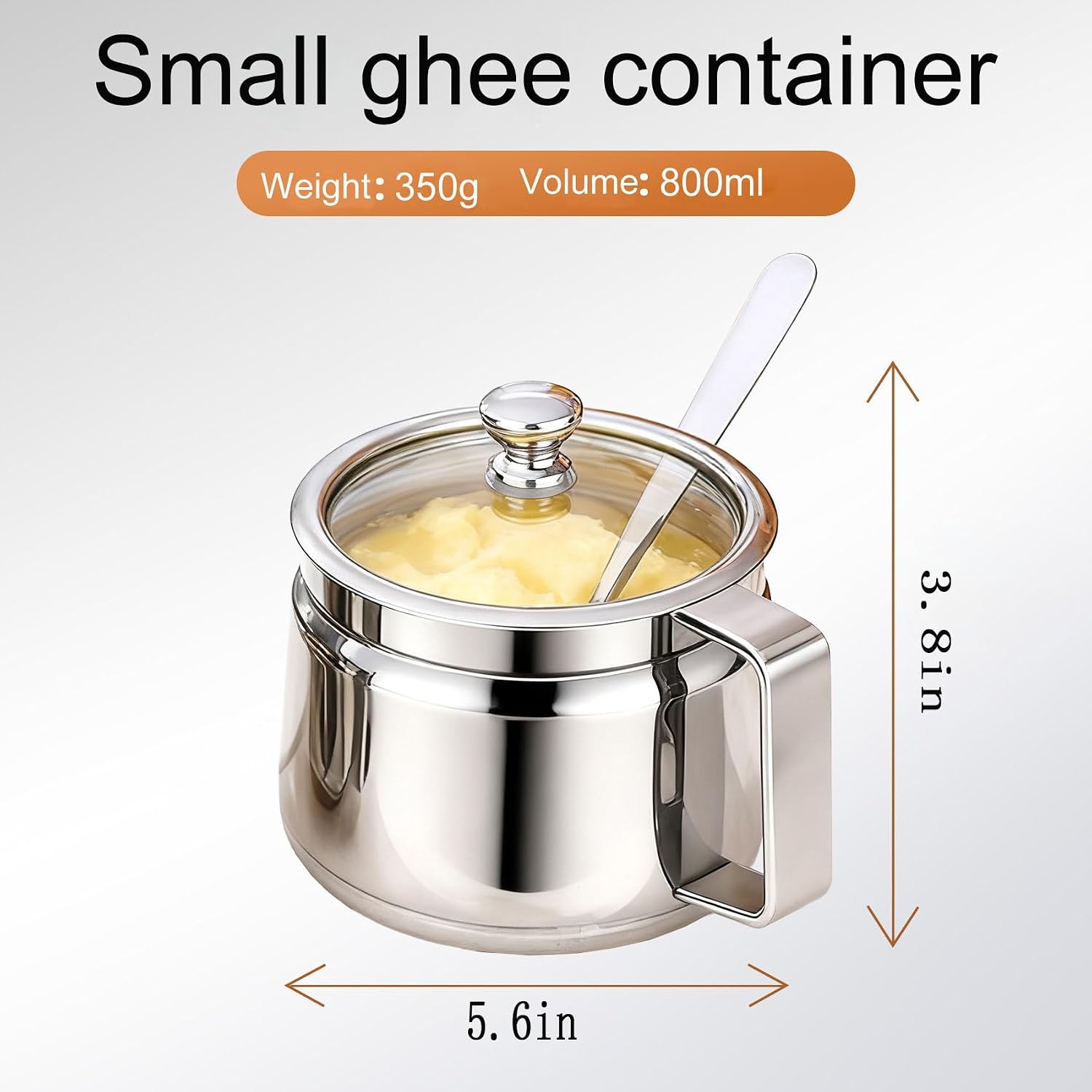 WPffv Ghee Container with Iid and Spoon Pot, 800mL Large Ghee Pot Kitchen with Handle, Stainless Steel Oil Container with Lid for Pooja Items