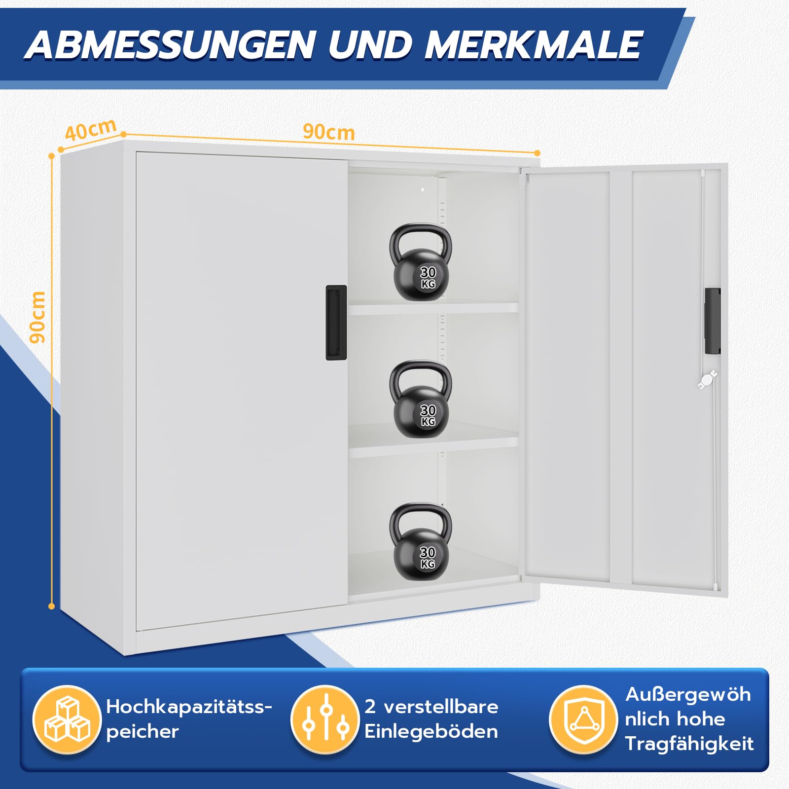 YOUDENOVA Aktenschrank,90 x 90 x 40 Metall Aktenschrank Abschließbar mit 2 Türen,Mehrzweckschrank mit 3 Ebenen,Weiß Mehrzweckschrank mit verstellbare Ablagen