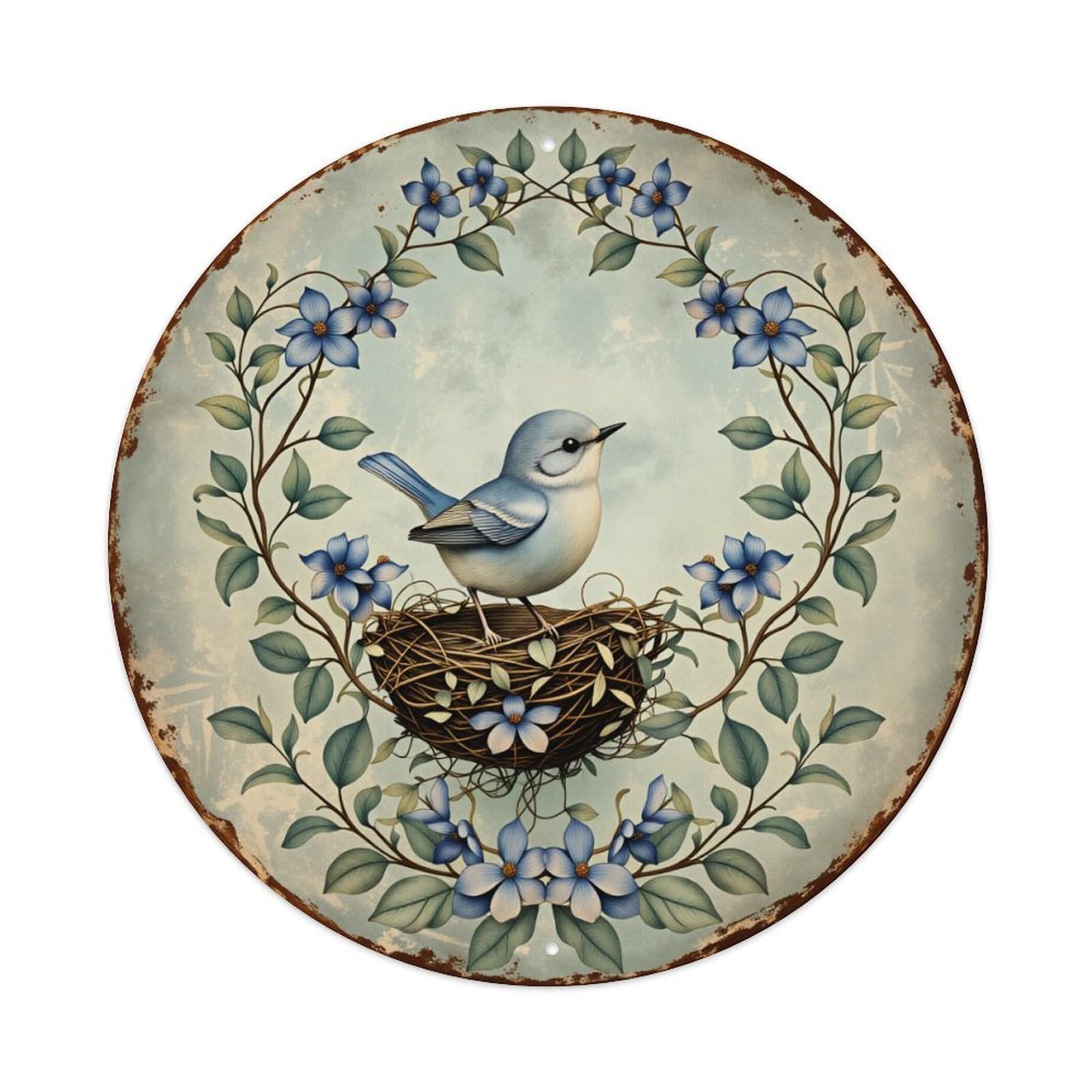 Blue Bird Nest Flowers Leaves Circle Pattern Round Vintage Tin Sign,Retro Wall Art,Metal Poster for Home, Bar, Garage, Cafe, Rustic Indoor & Outdoor Decor, 8x8 Inches