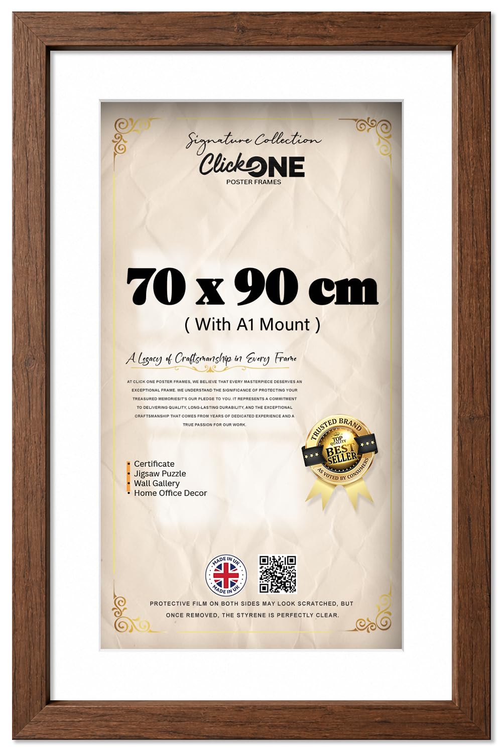Click One Engineered Wood Poster Frame 90 X 70 Cm With A1 Mat Board 59.40 X 84.10 Cm White Mount And 36 X 28 Inch Fit Sturdy Wall Hanging For Art Gallery Home Decor Walnut Minimalist Finish