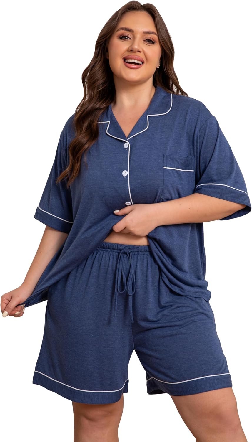 Vozanet Women Button Down Pajama Sets Summer Rayon Sleepwear Plus Size Classic Loungewear 2pcs Shirt & Shorts Nighty PJS