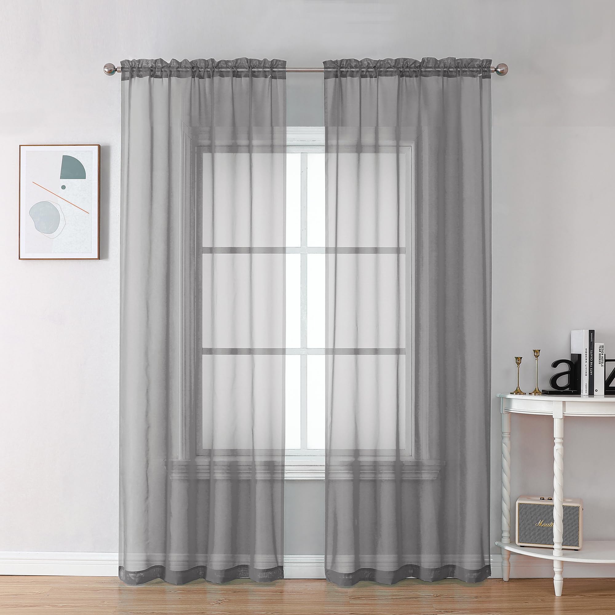 Chyhomenyc Sheer Charcoal Grey Curtains 90 inches Long 2 Panels, Light Filtering Soft Airy Solid Elegant Voile Window Treatment Drapes for Bedroom Living Room Wedding Party Decor, 42 Wx90 L Inches