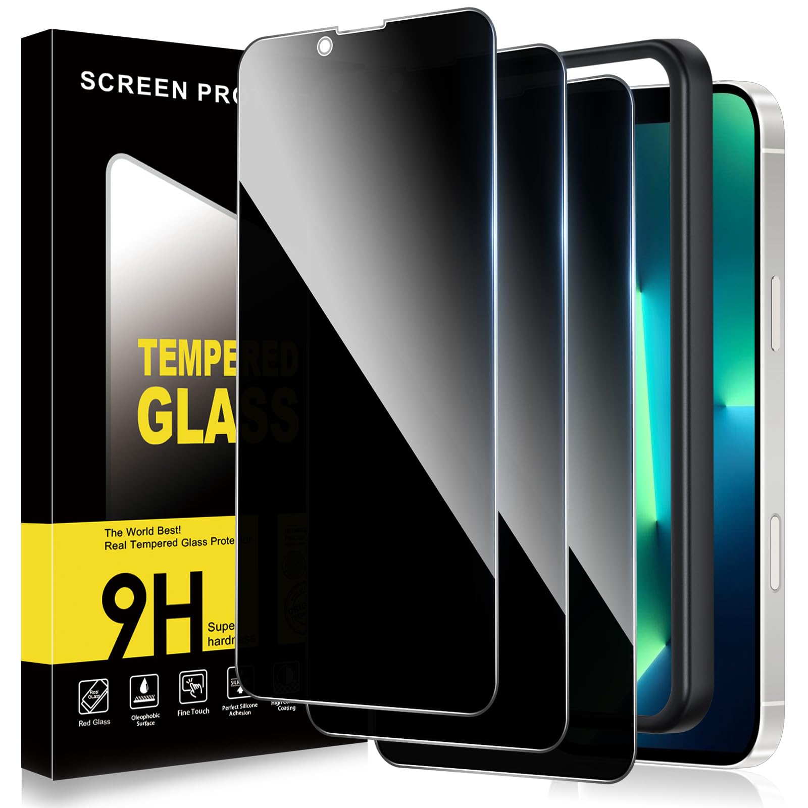 ZhuoFan 3 Piezas Protector Pantalla Privacidad para iPhone 13 Pro Max,Antiespia Cristal Templado para iPhone 13 Pro Max con Marco de Instalación Fácil,Privacy Screen Protector Vidrio Pelicula