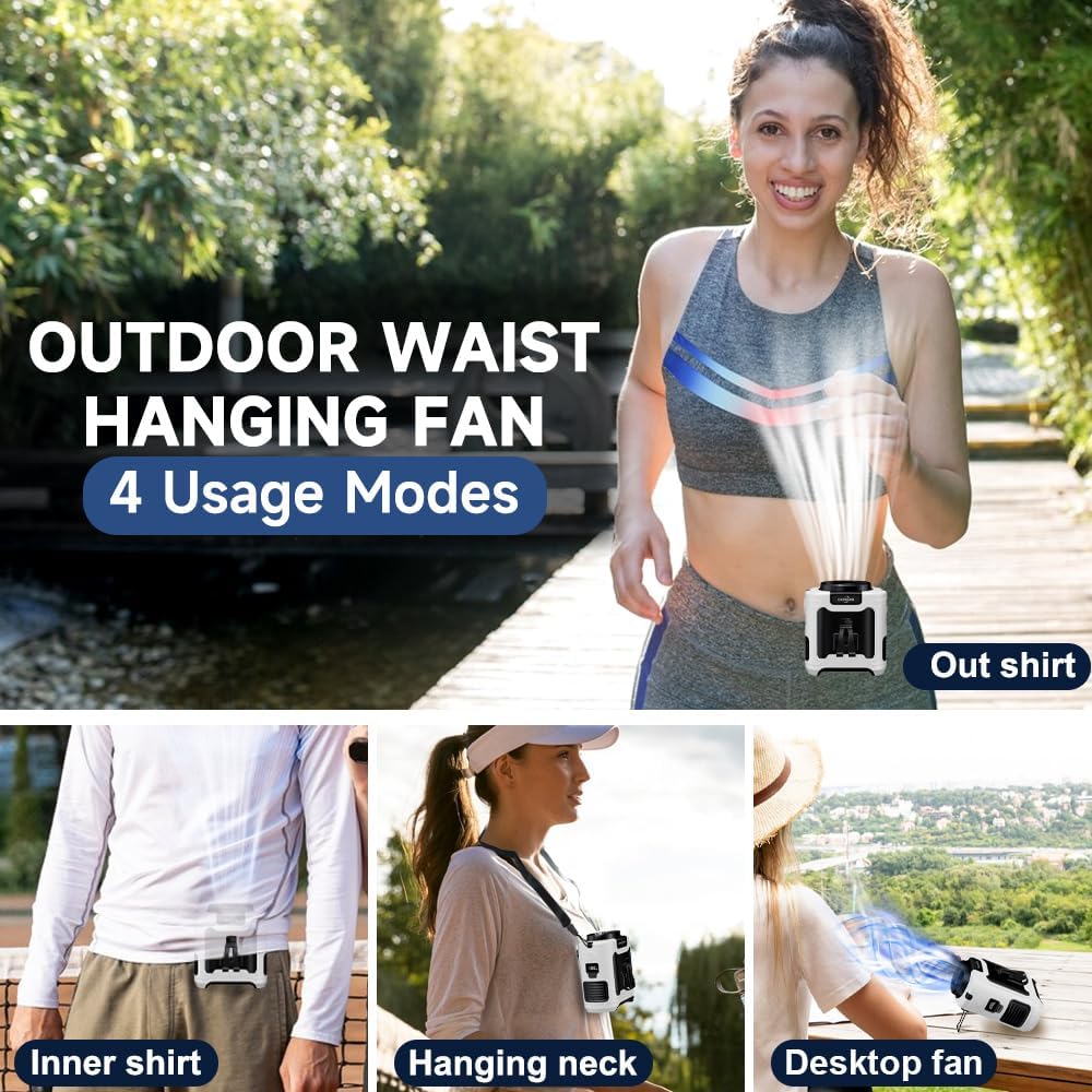 CAZOKASI 2024 Upgrade 10000mAh Waist Clip Fan Wearable Fan Portable Personal Body Fan Powerful Upto 40H Cooling and Heatstroke Prevention Fan (Gray and Orange) (10000mAh / White and Black) - Image 5