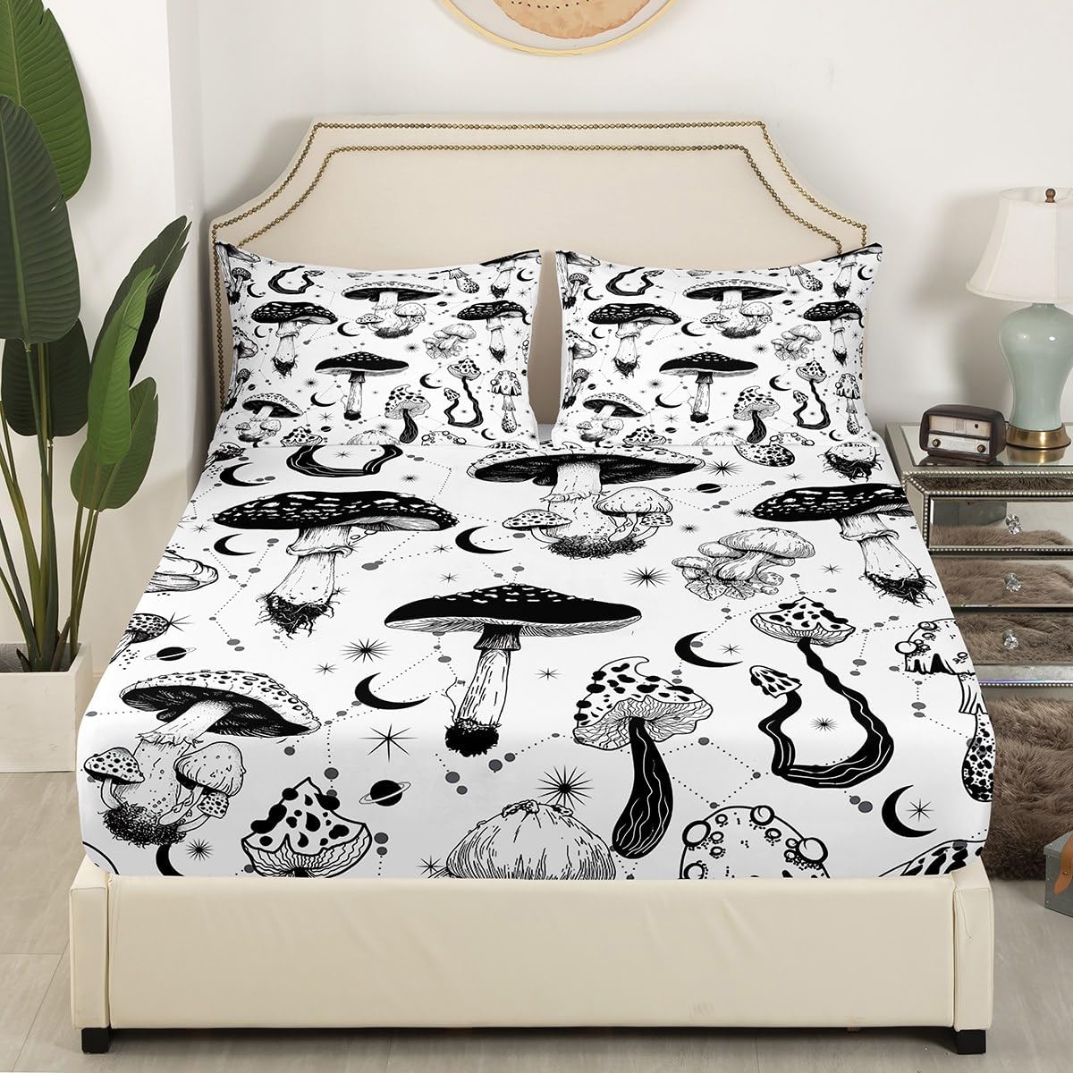 Wild Mushroom Bed Sheet Set Full Size,Abstract Sun Moon Starry Bedding Set Gothic Plants Fitted Sheet for Kids Boys Teens Room Decor,Black White Sketch Style Bed Cover with 2 Pillowcases
