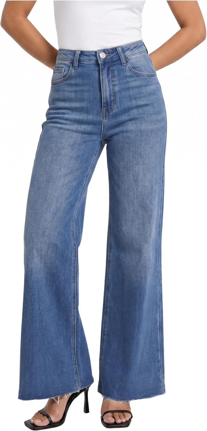BlueMoment High Waisted Wide Leg Jeans for Women Stretchy Tummy Control Loose Denim Pants Trendy Mom Baggy Jeans Raw Hem
