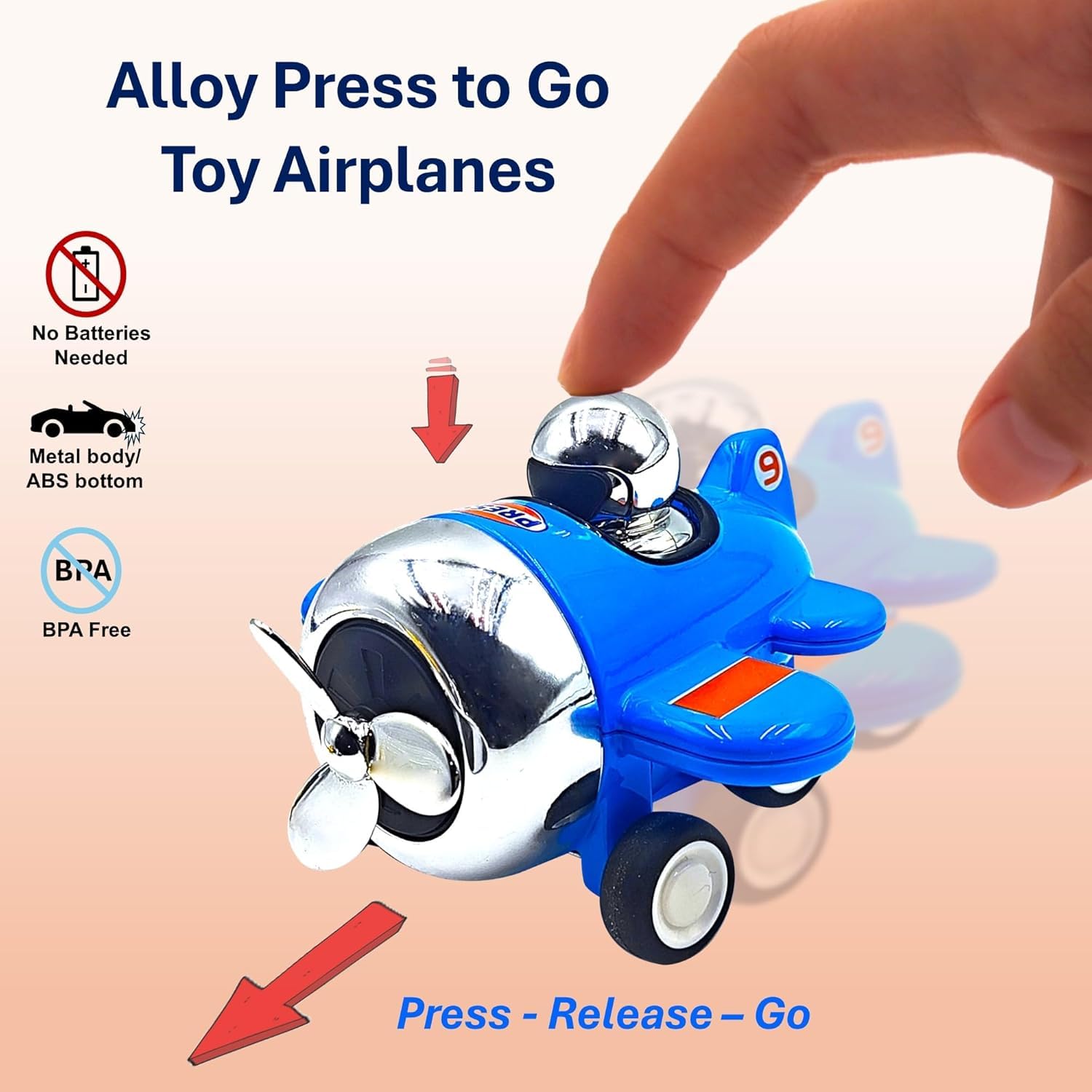 zahab Push & Go Metal Aeroplane Toy for Kids | Die-Cast Mini Plane with Rotating Propeller | No Battery Required | Assorted Colours with Aycril Display Box Toy Plane for Boys & Girls (3+ Years) 3