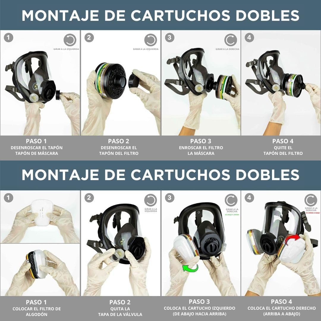 Máscara de Gas Completa Respirador RHINO RH-7011B (ABEK2P3R) Reutilizable para Vapores Orgánicos, Inorgánicos, Gases Ácidos, Amoníaco, Fumigar, Pintura | Proteccion Respiratoria, Filtro y Guantes