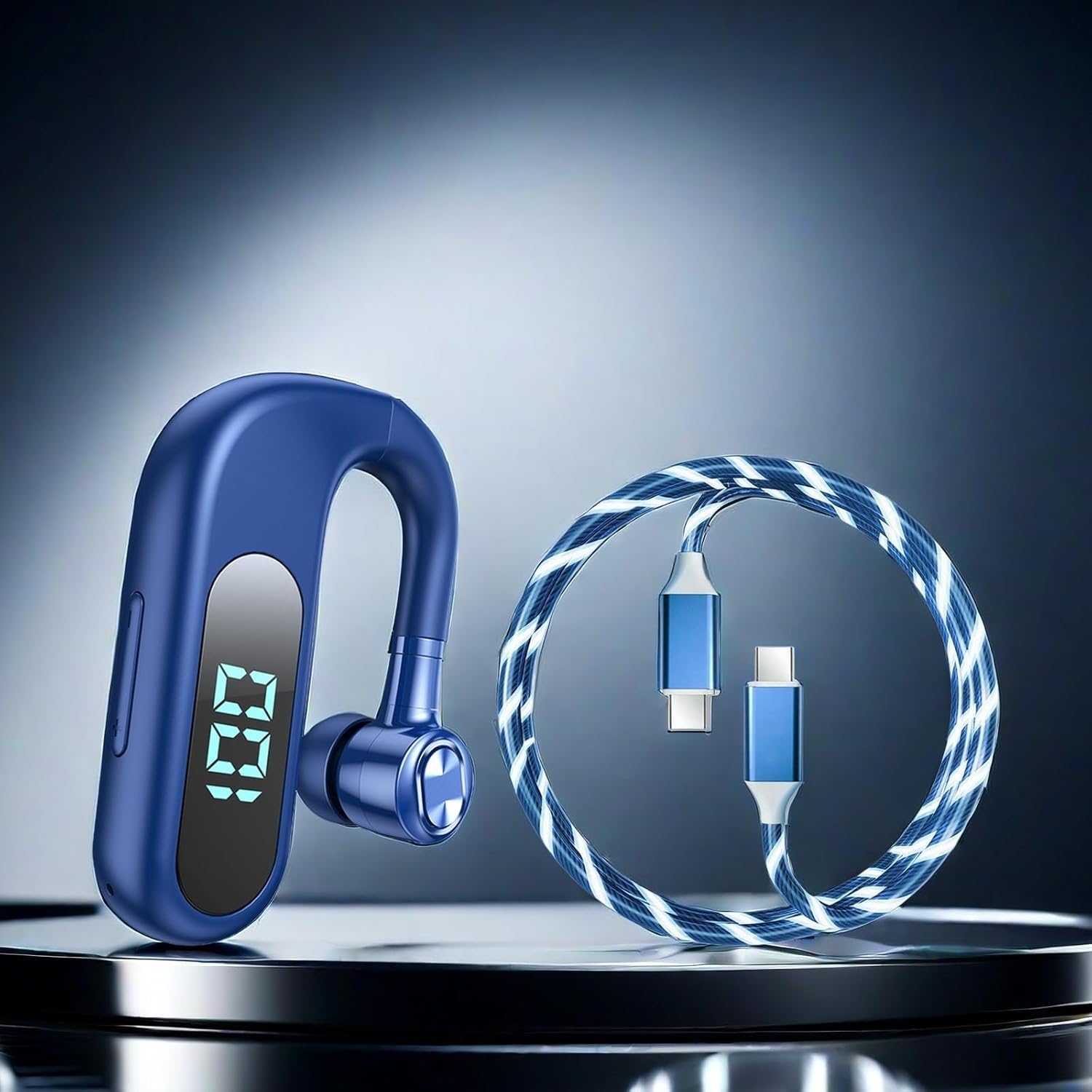 [Blue Series Single Ear Wireless Bluetooth Business Headset-V13+Visible Blue Light-Up USB-C to USB-C Data Cable.