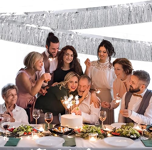 Miniatura 6 de Guirnalda de flecos de papel de aluminio plateado de 10 pies, paquete de 2 pancartas de oropel de papel metálico para decoración de desfiles de