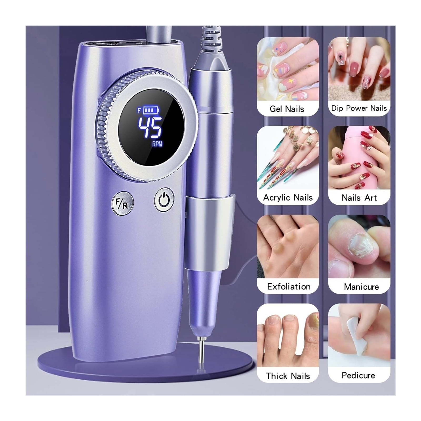 Trapano for Unghie 45000 RPM for Manicure con Display LCD Levigatrice for Unghie Tornio for Unghie Ricaricabile Trapano Elettrico a Batteria for Gel(White)