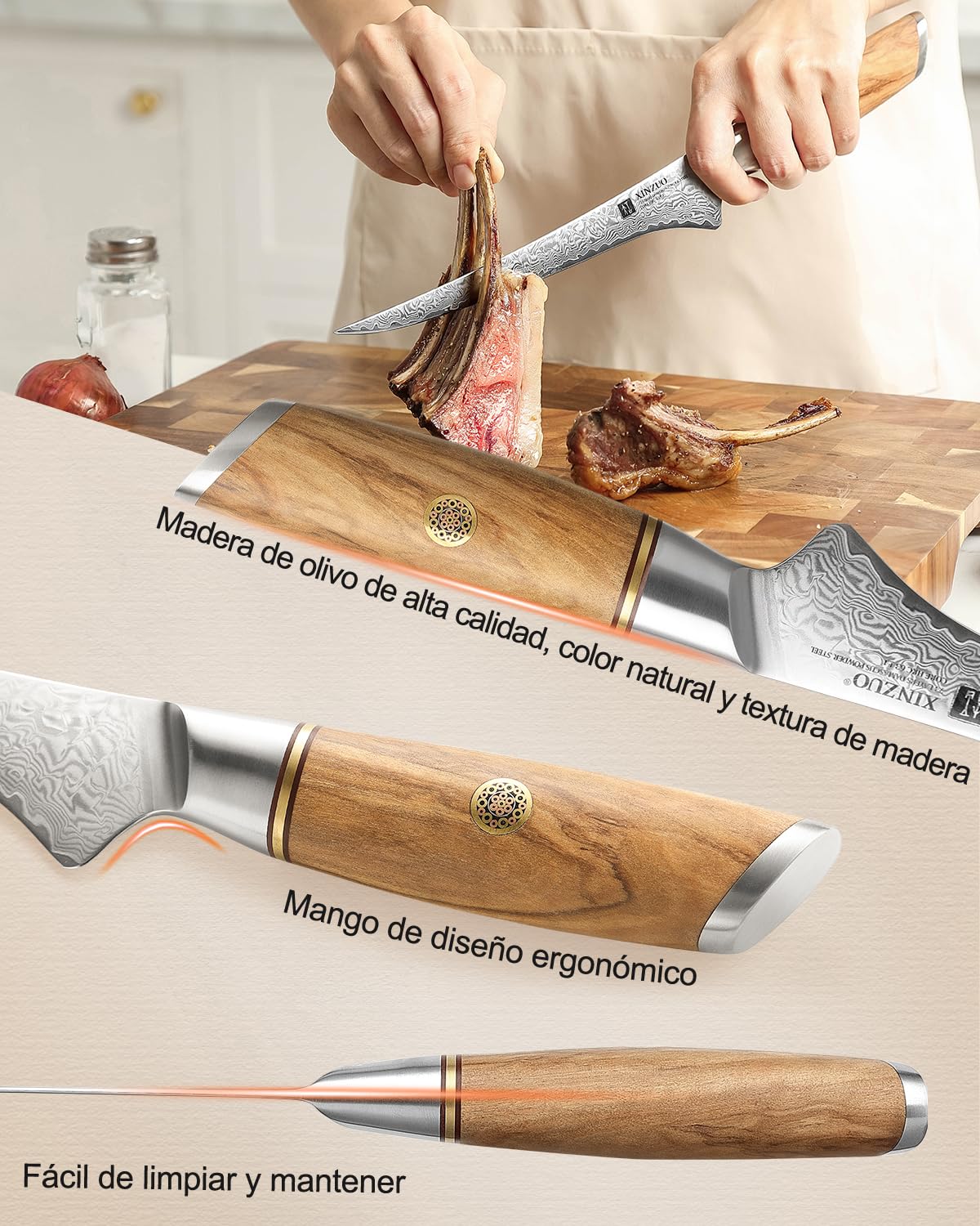 XINZUO Cuchillo de Filete 17,8cm Acero Damasco 73 Capas Mango Olivo