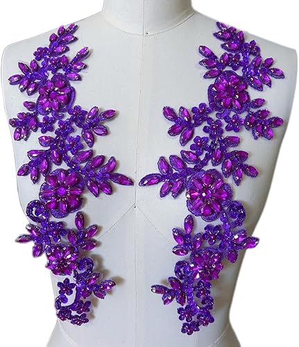 Miniatura 20 de 1 par de accesorios de apliques de encaje con diamantes de imitación, cuentas de vidrio, parches para decoración de vestidos de novia de niña