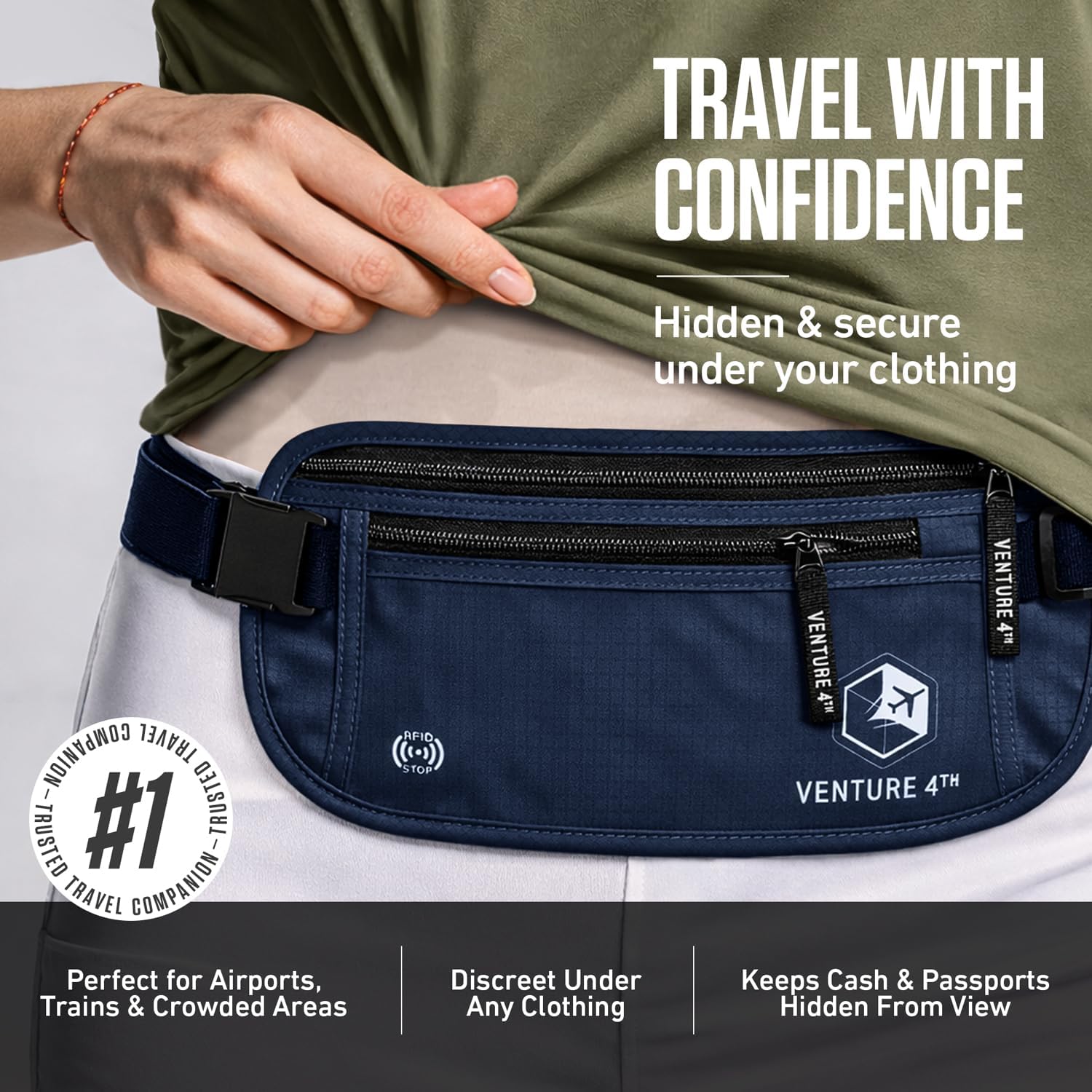 VENTURE 4TH Money Belt for Travel – Slim Hidden Under-Clothes RFID Blocking Anti-Theft Passport Holder & Travel Wallet Pouch for Men & Women to Protect Cash, Cards & Documents (Navy Blue) thumbnail