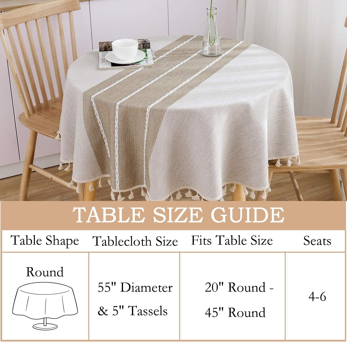 ColorBird Farmhouse Tablecloth Heavy Weight Stitching Tassel Cotton Linen Dust-Proof Table Cloth for Kitchen Dinning Tabletop Decoration (Round, 60 Inch, Linen)