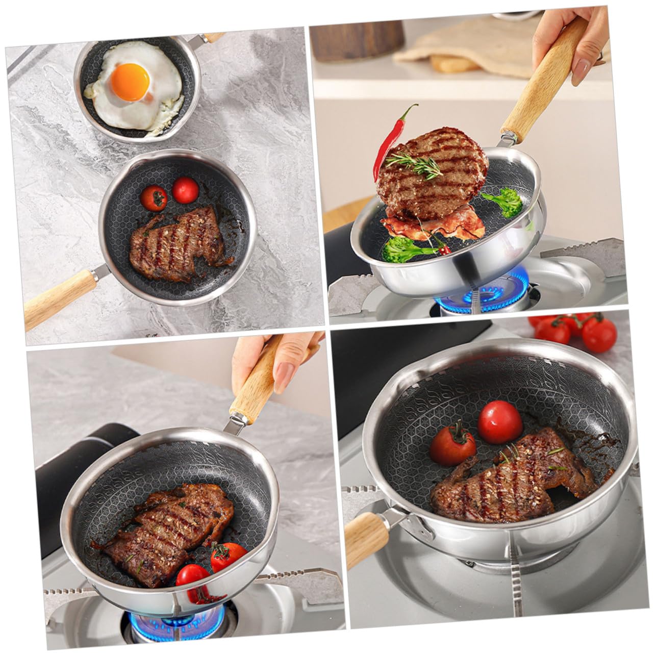 iplusmile Padella Antiaderente in Acciaio Inossidabile Con Manico in Legno Fondo Piatto e Rivestimento a Nido D'alveare Per Fritture Leggere Adatta Piani Induzione Gas Ed Elettrici Per Uova