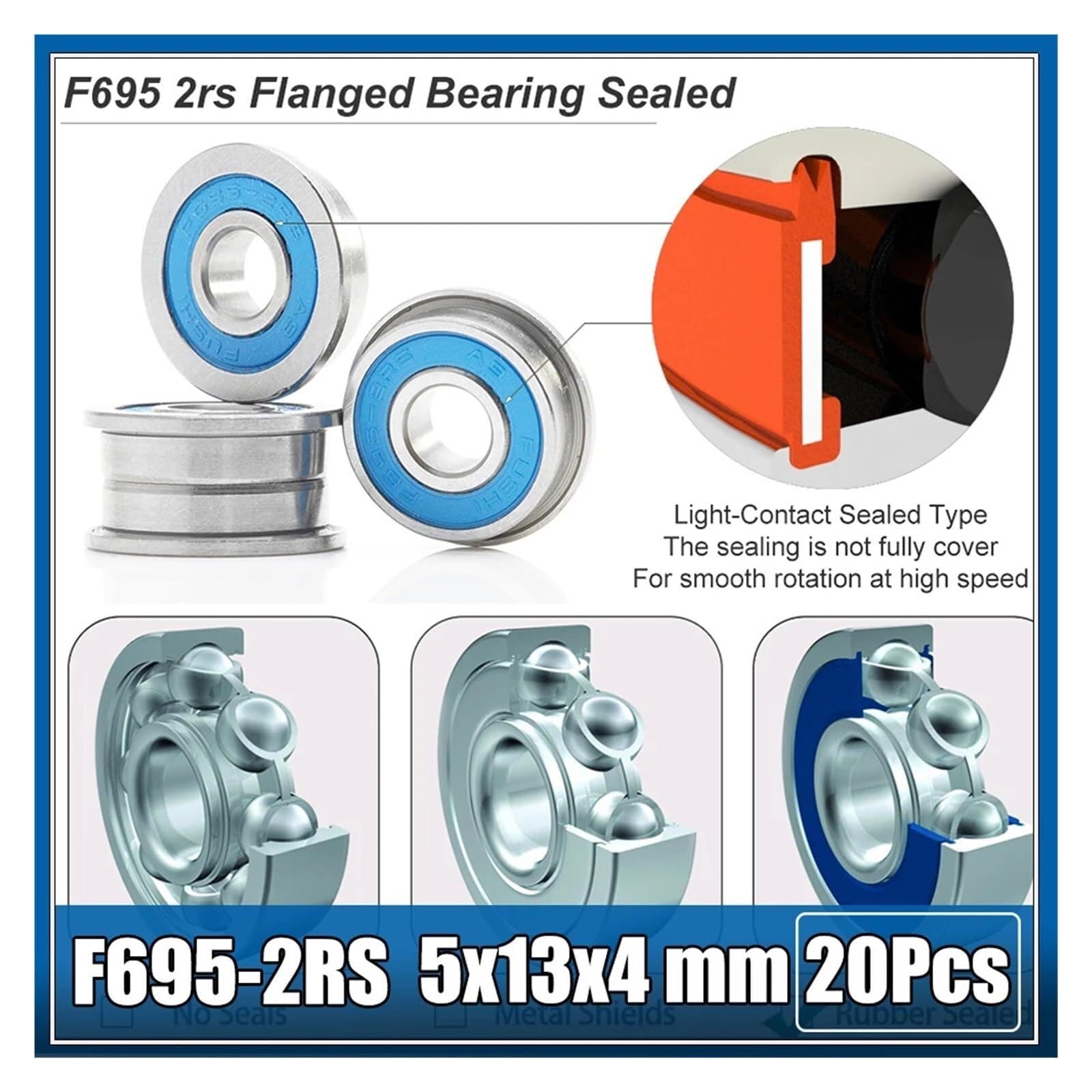 Abgedichtete Lager, F695 2rs Flanschlager 5 x 13 4 mm, blau versiegelte Präzisions-A9-3D-Drucker F695rs Lager passend for VORON Belted RC, Packung mit 20 Stück