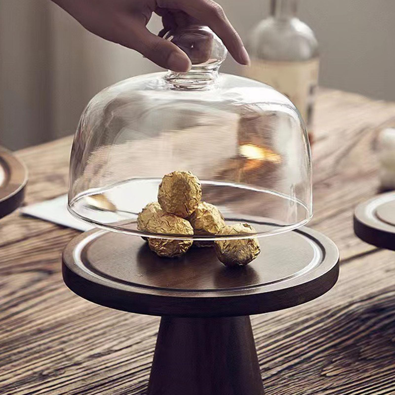 Support à Gâteau en Bois avec Couvercle Dôme, Motifs de Grain Exquis pour