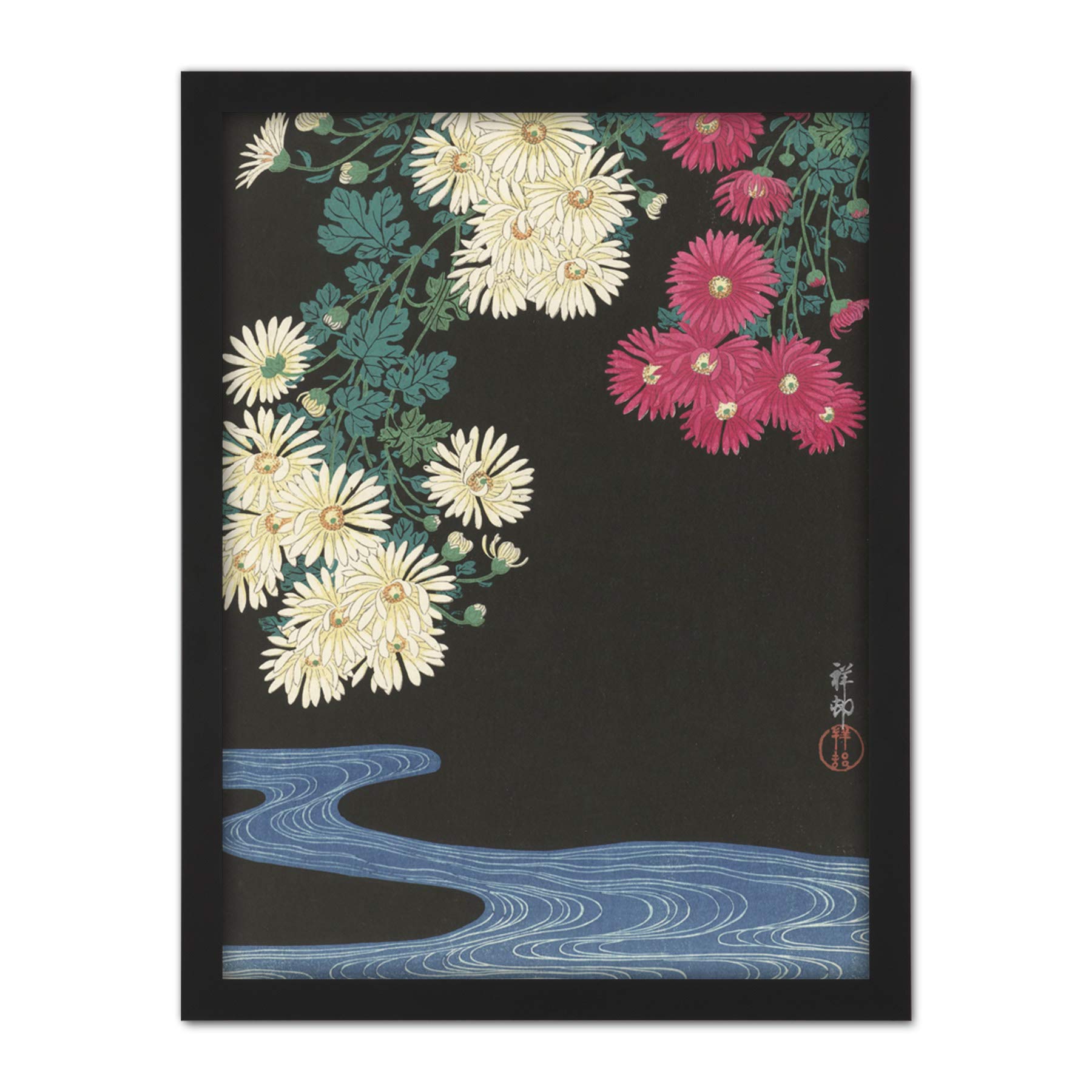 Artery8 Ohara Koson Chrysanthemums Running Water Japanese Artwork Framed Wall Art Print 18X24 Inch