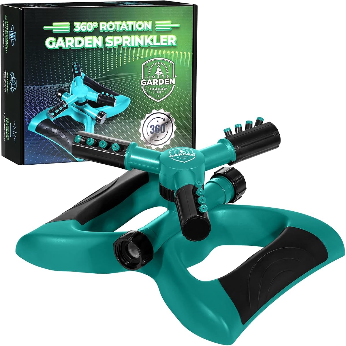 Joeys Sprinkler for Yard, Rotating Garden Sprinkler with 3 Adjustable Arms, Weighted Base, Expandable Connection, Lawn and Yard Sprinklers (Green)