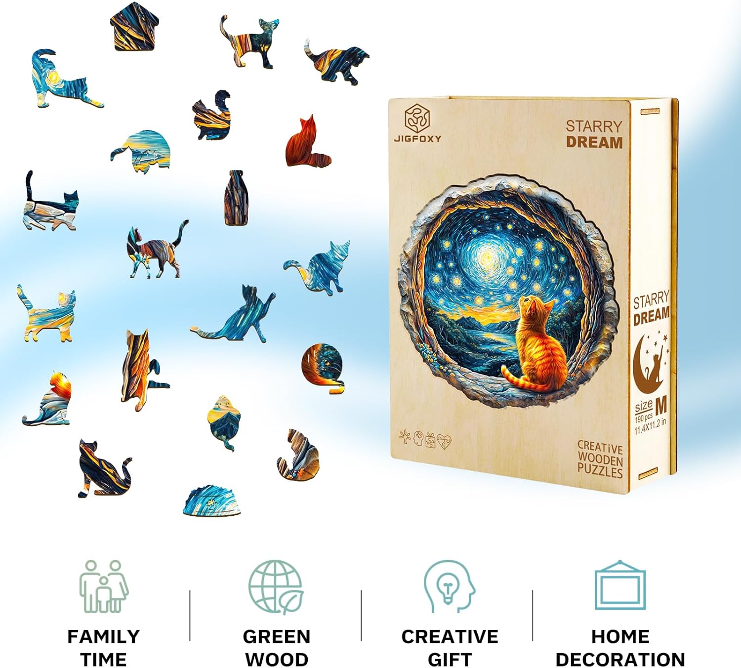 Jigfoxy Wooden Puzzles for Adults, Starry Night Wood Puzzle for Adults, Unique Animal-Shaped Wooden Jigsaw Puzzle, Christmas Thanksgiving Gifts for Family and Friends (S-8.5 * 8.3in-100pcs)