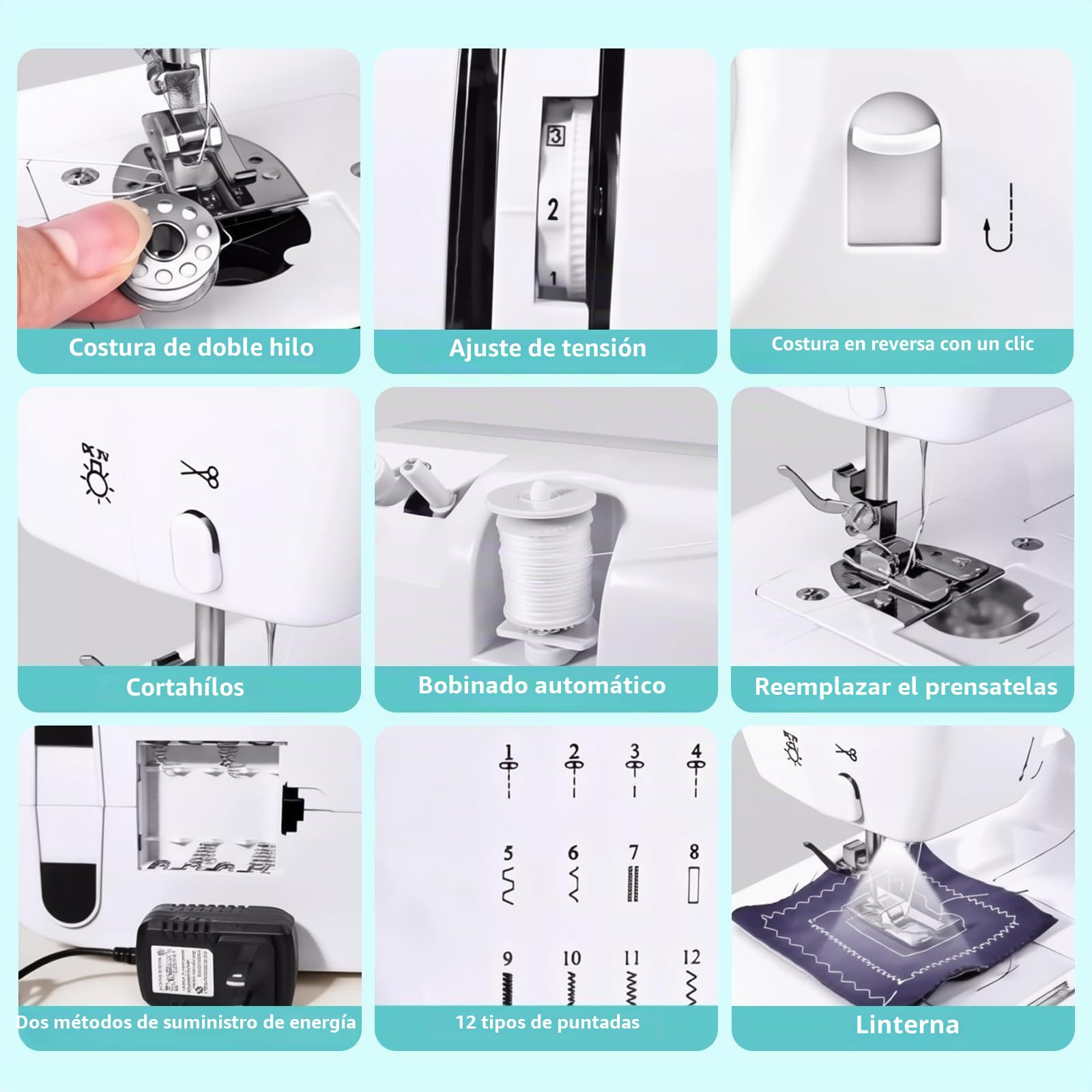 Máquina de Coser con Pedal Máquinas de Coser Eléctricas Multifuncionales para Principiantes, 12 Puntadas Máquina de Coser Portátil con Kit de Costura