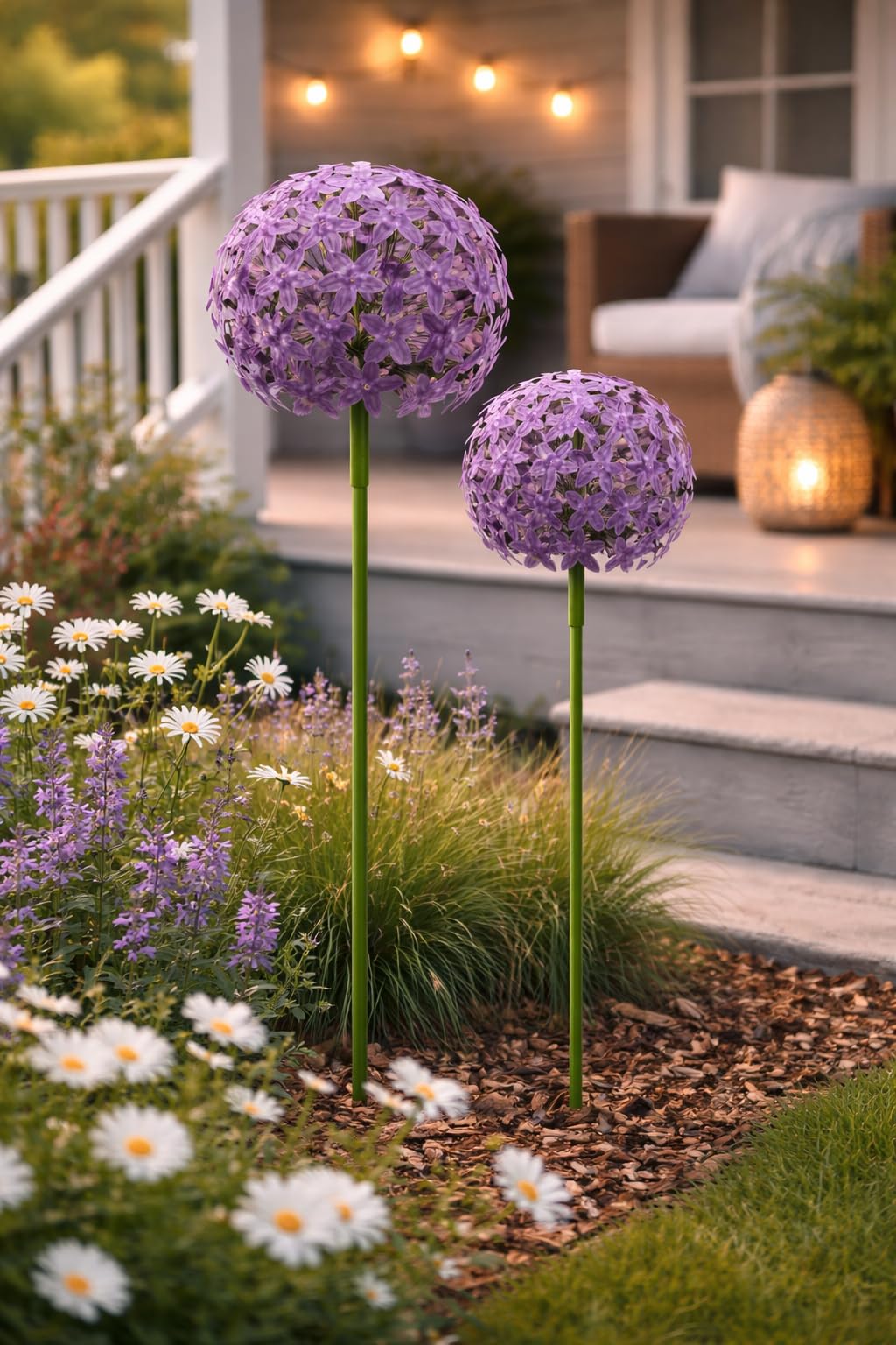 Allium Stick ArtFerro Purple – Metall-Gartenstecker lila, Ø16x16cm H111cm & Ø20x20cm H116cm 2er Set – Wetterfeste Gartendeko für Garten, Terrasse & Balkon