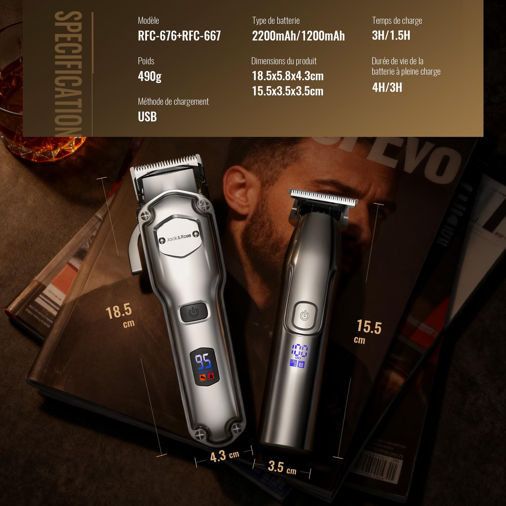Tondeuse à cheveux professionnelle & T-lames Trimmer Set pour hommes, Tondeuse cheveux, Tondeuse à barbe, Tondeuse à cheveux électrique IPX7 étanche à l'eau