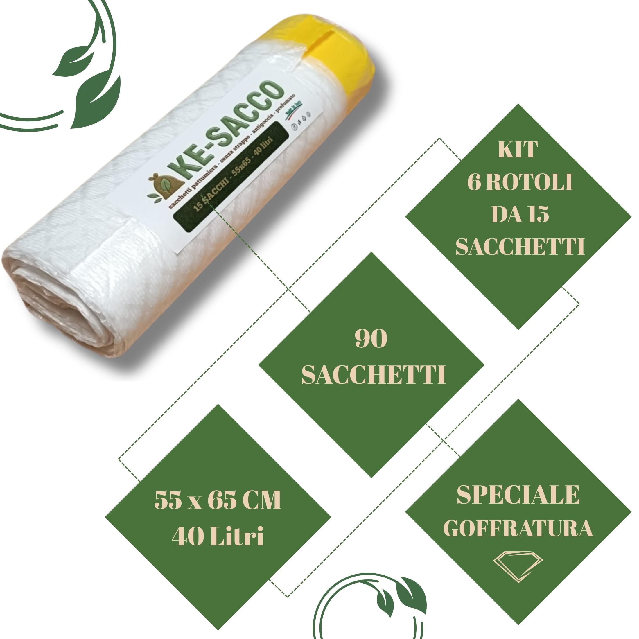 KE-SACCO 90 Sacchetti spazzatura 40l - 55x65-6 rotoli Sacchi Immondizia per Raccolta Differenziata 3 colori - Buste Rifiuti Riciclabili con manici - Antigoccia - Speciale ed Unica Formula Brevettata
