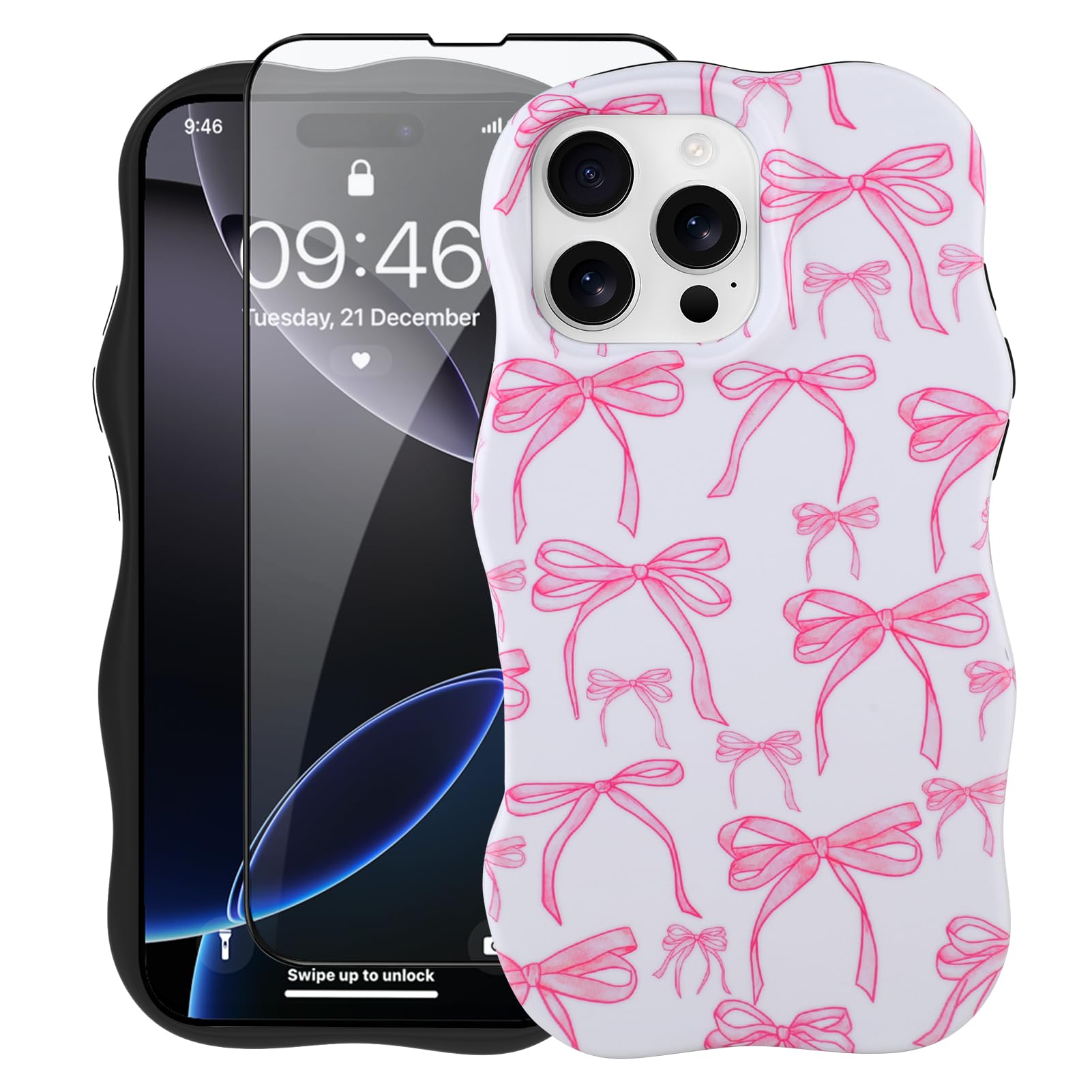 Photo 1 of Designed for iPhone 16 Pro Case Pink Bow Print Pattern, with Screen Protector, Cute Curly Wave Frame Phone Cover Durable TPU + Hard PC Shockproof Case for Women Girls