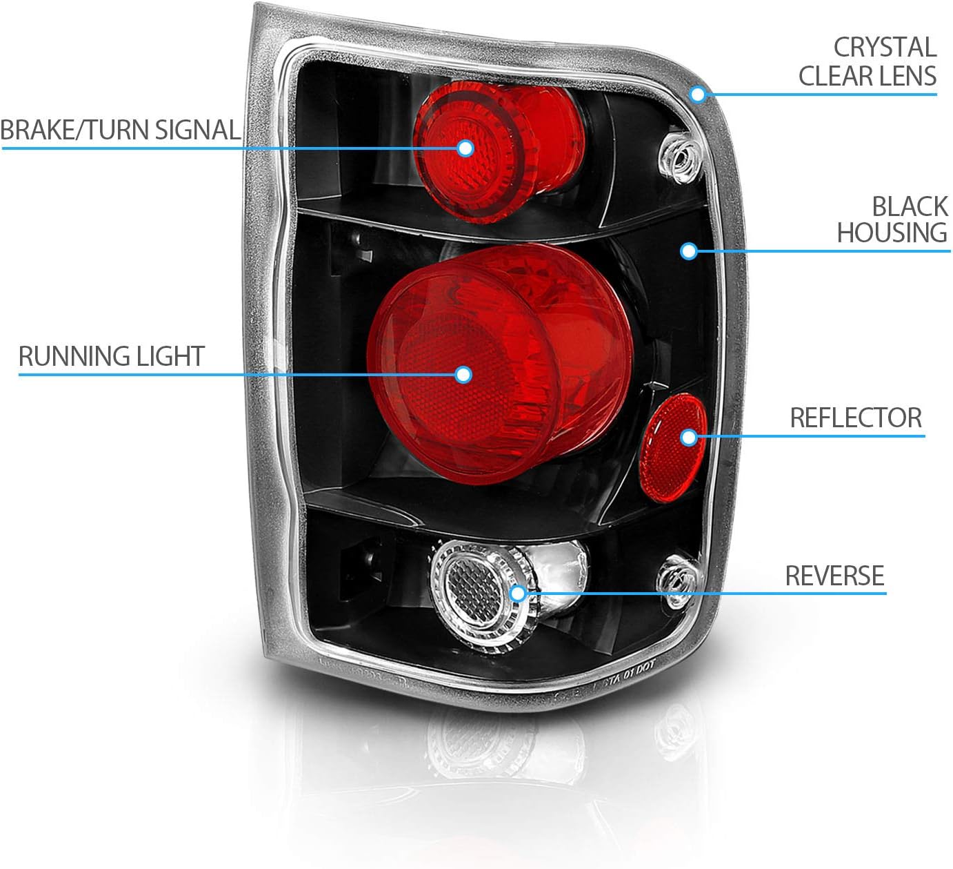 AmeriLite Black Replacement Brake Tail Lights Set For 1998-2000 Ford Ranger Only - Passenger and Driver Side