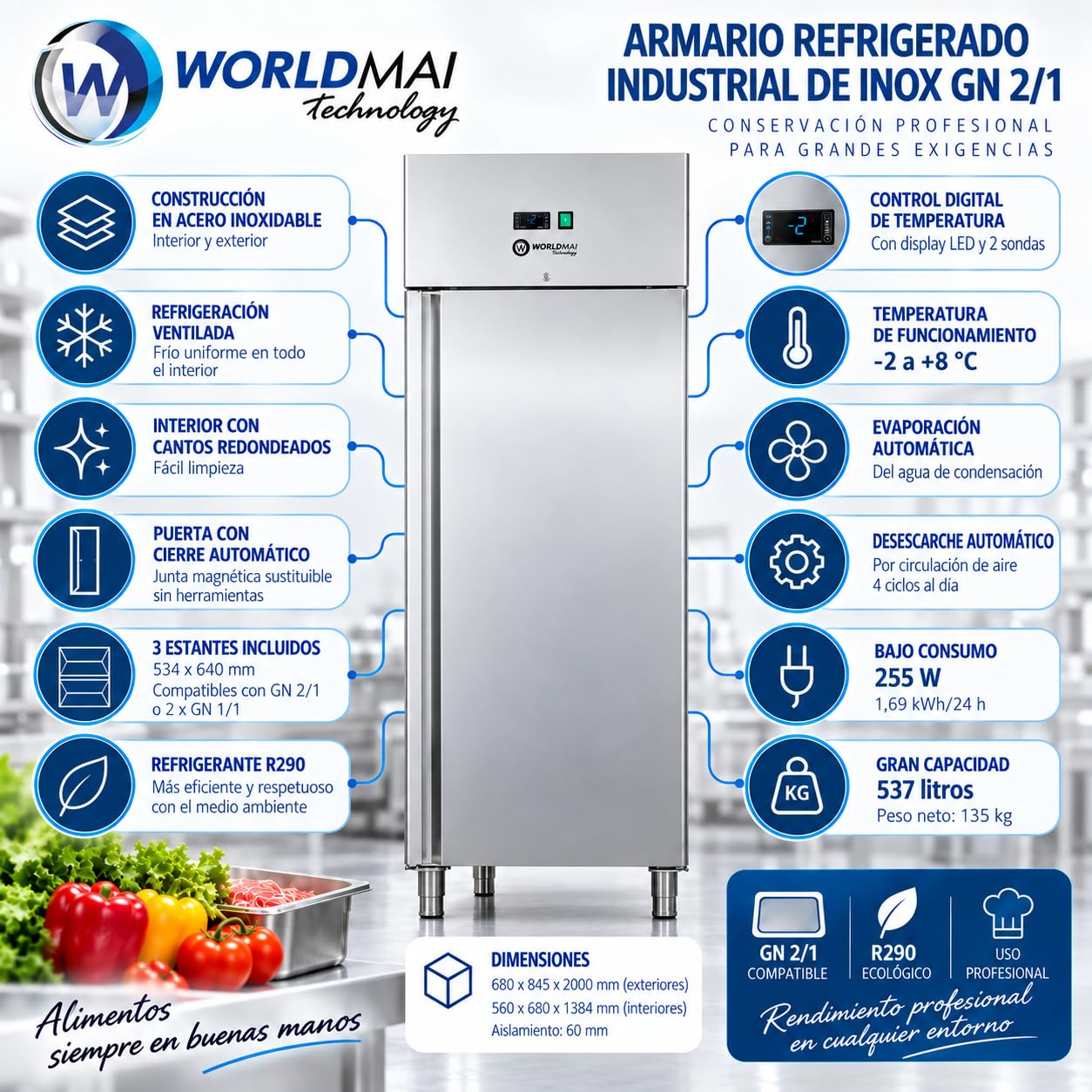 Frigorífico Industrial INOX GN 2/1 600L para Hostelería. Armario Refrigerado Profesional Vertical para Bar y Restaurante
