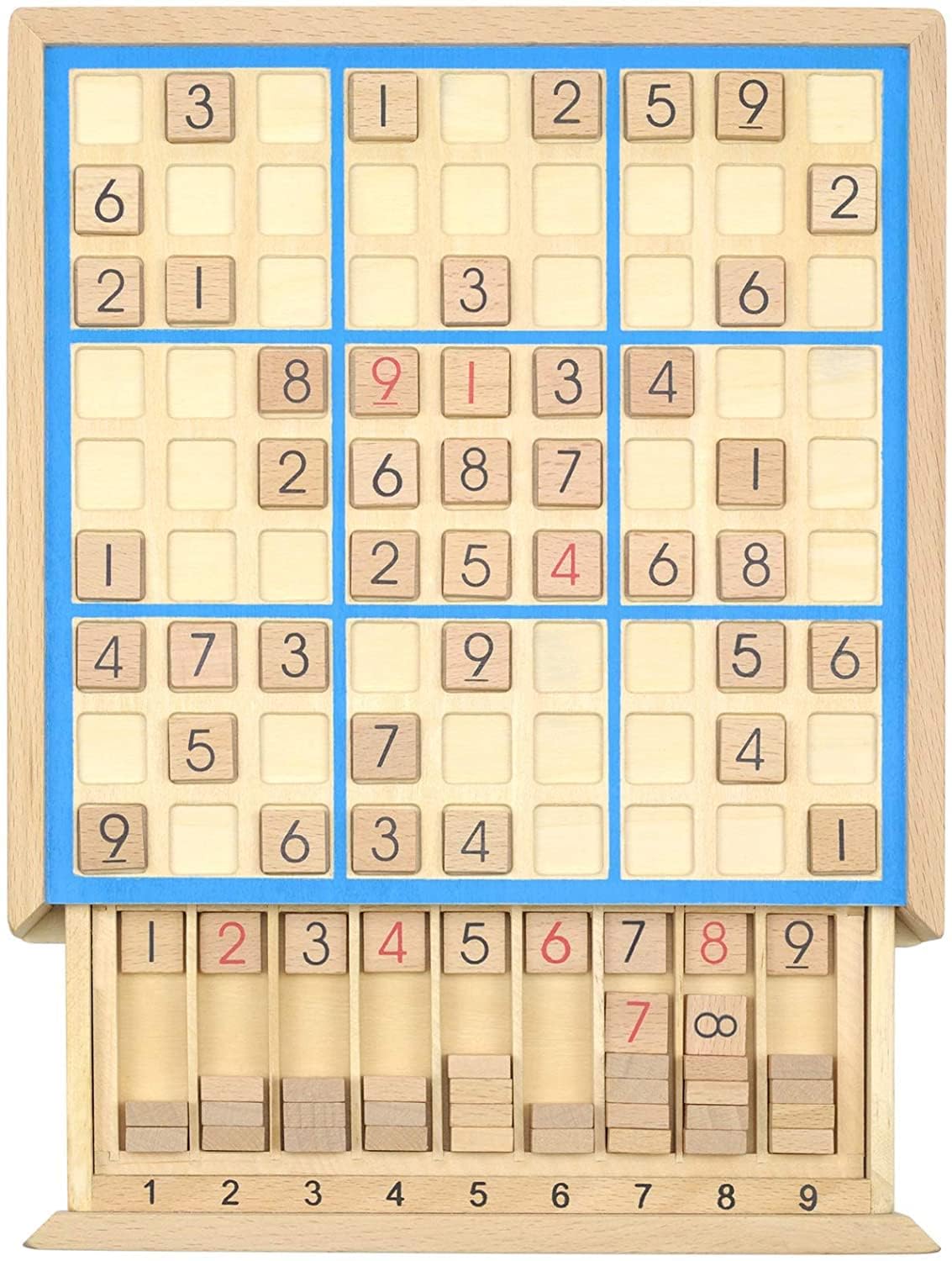 Mumoo Bear Wooden Sudoku Puzzles Board Game with Drawer - Math Brain Teaser Toys Educational Desktop Game Train Logical Thinking Ability (Blue Line)