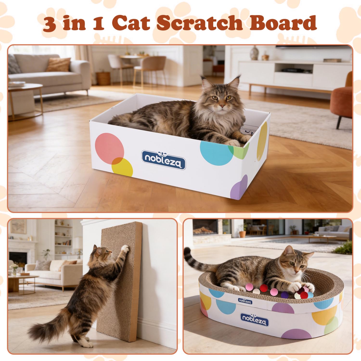 Nobleza 4-in-1 Kratzbrett für Katzen aus Wellpappe, Inklusive ovalem Kratzbett, flachem Kratzbrett, Karton, Spielzeugbällen und Katzenminze