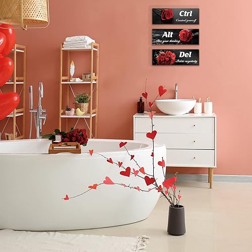 Miniatura 7 de Arte de pared rojo de 3 piezas, rosas rojas con citas positivas, arte de pared de madera para oficina, dormitorio, baño, sala de estar (12 x 4