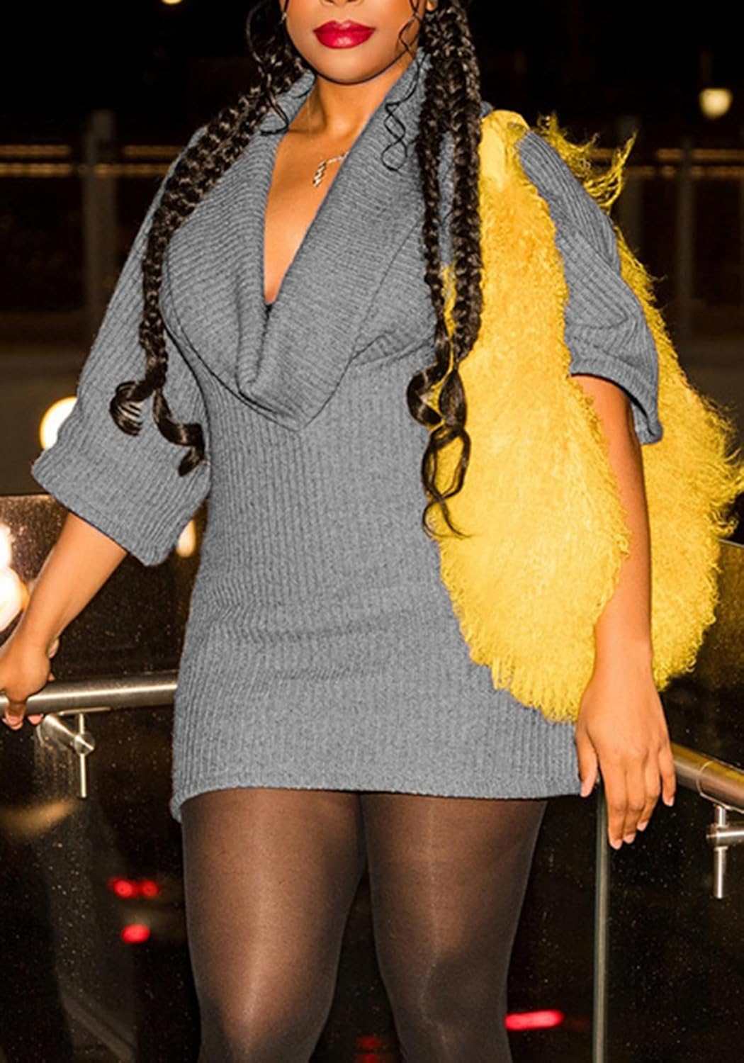 Women's Sexy Mini Sweater Dress Cowl Neck Batwing Half Sleeve Bodycon Ribbed Cable Knit Short Sweater Dresses - Image 4