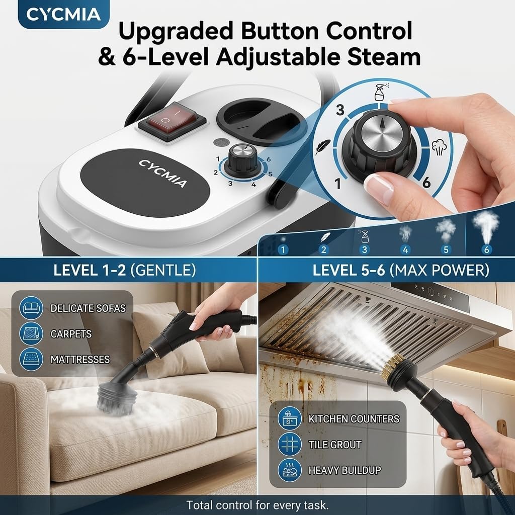 Handheld Steam Cleaner, 6-Level Adjustable Steamer for Cleaning withButtonControl, High Pressure PressurizedPortable SteamCleaning Machine for Home, Kitchen Grease, Car Detailing, Tile, Windows