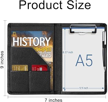 Small Clipboard Padfolio/Portfolio A5 Binder for Writing Pad Refillable 5 x 8 Note Pad, Faux Leather Clipboard Folder Junior Size Portfolio Organizer Folio Clip Board,Black