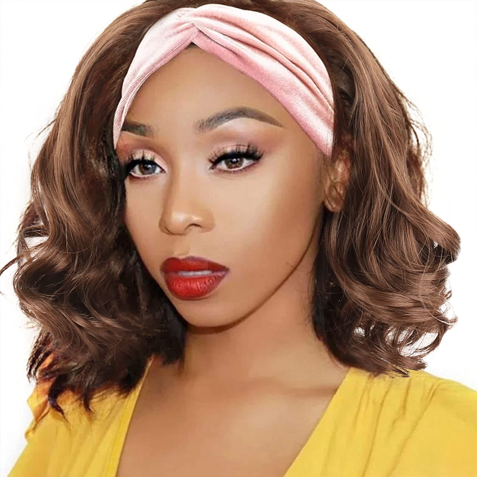 LEOSABrown Headband Wig Bob Synthetic Wavy Wigs for Black Women Short Wavy Bob Headbands Wigs Curly Wigs with Headbands Attached Natural Hair Head Band Wig 12inches Curly Headband Wigs