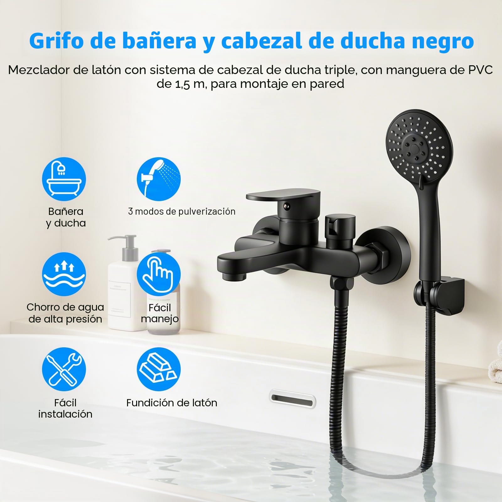 Grifo para Bañera y Ducha con Alcachofa de Mano | Mezclador Monomando de Latón Montado en La Pared, Alcachofa de Mano 3 Modos con Manguera de Acero Inoxidable 1.5m y Soporte