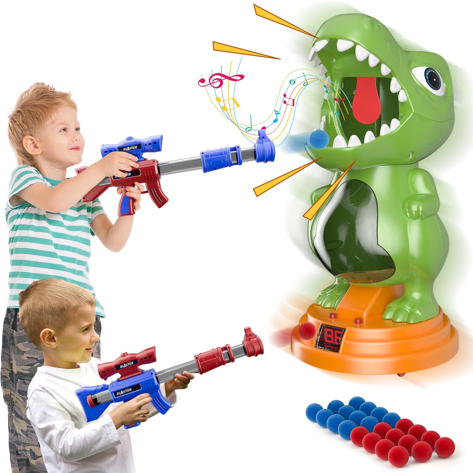 fygurso Giocattolo sparatutto Mobile con Dinosauri con 2 Pistole a Pompa d'Aria, Giochi di tiro al Bersaglio con punteggio LED, Luce e Suono, 24 Palline di Schiuma per 3+, Regalo per Ragazzo (Verde)
